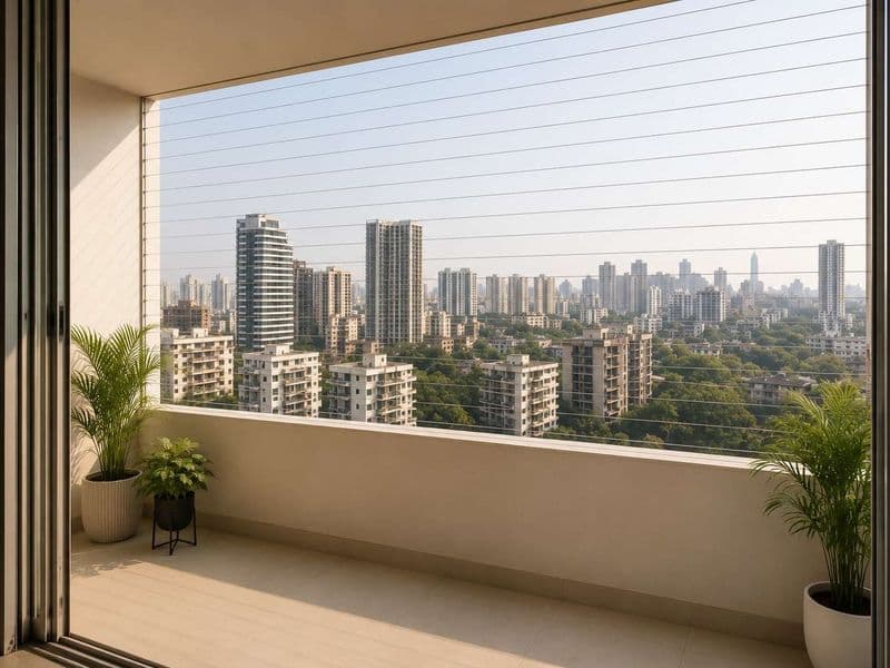 The same balcony after an invisible grill was installed across the full opening