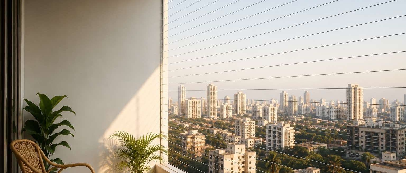Invisible grill fitted across a Mumbai high-rise apartment balcony, city skyline visible through the cables