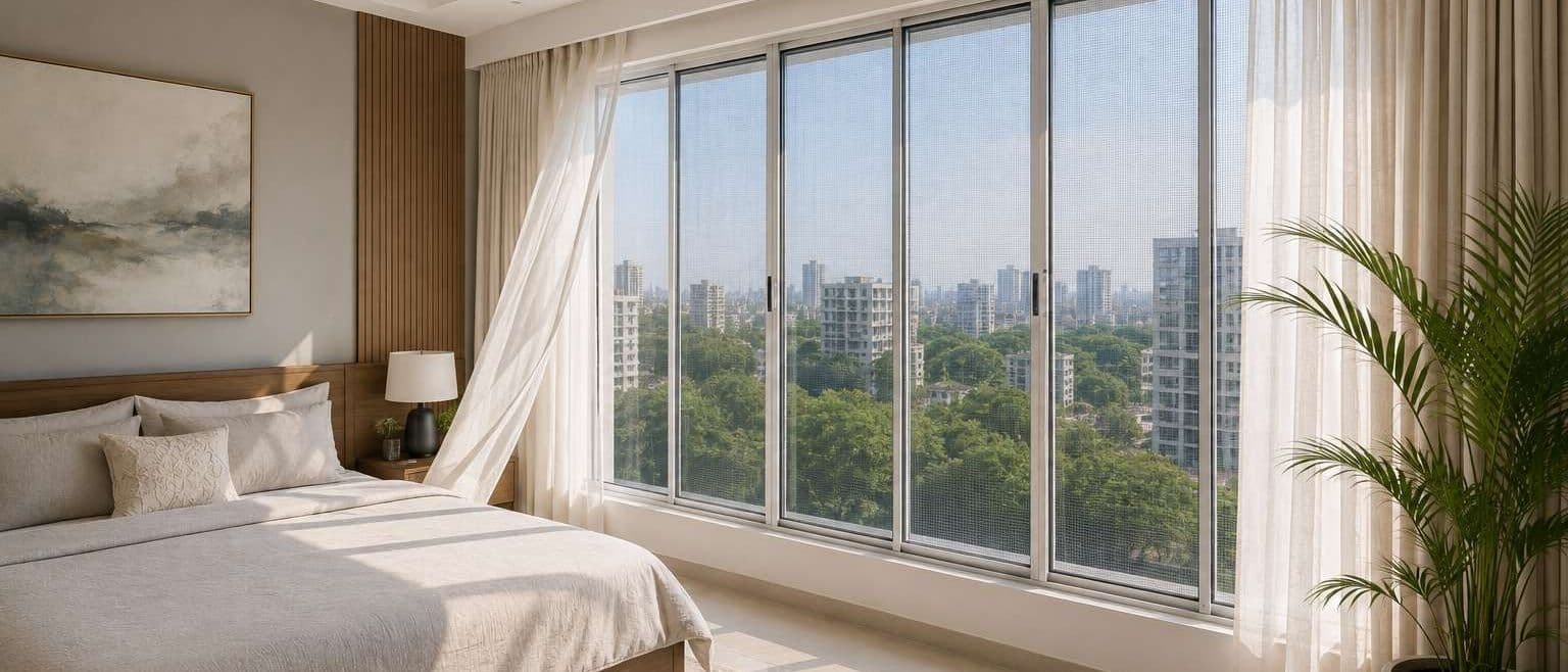 Mosquito net installation, close detail